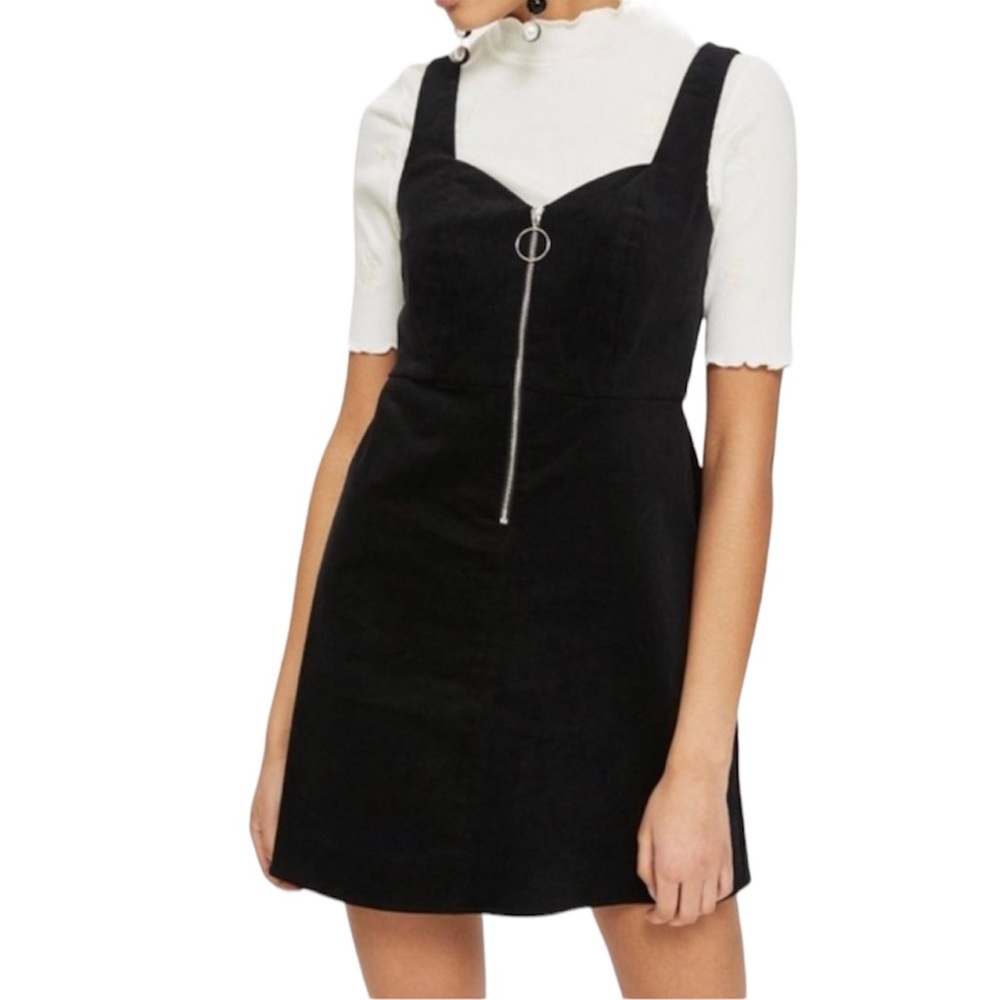 Topshop Black Zippered Corduroy Midi Dress, Size 8